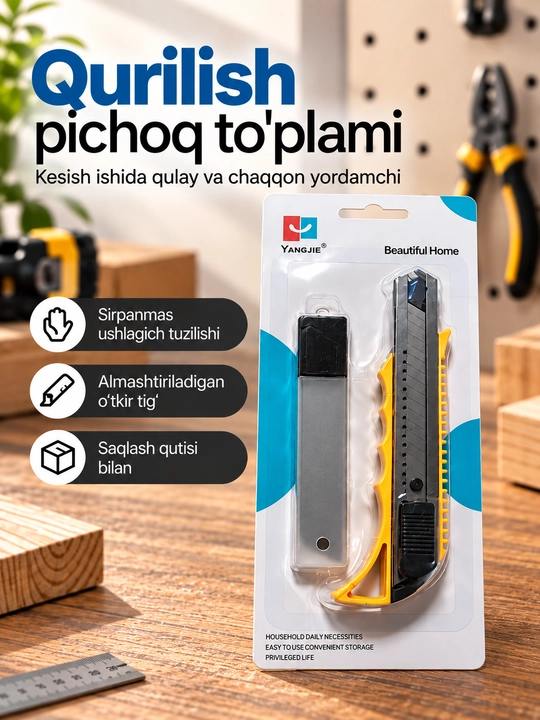 Qurilish pichoq to‘plami, zaxira tig‘li,o‘tkir kantselyariya pichog‘i, uy-ofis uchun qulay - 