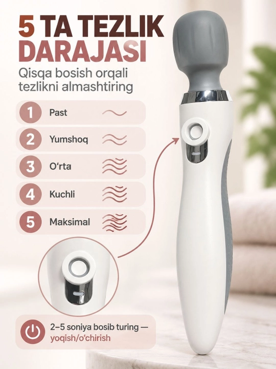 Qo‘l massajyori elektr, 5 ta vibratsiya rejimi, USB zaryad, qulay boshqaruv
