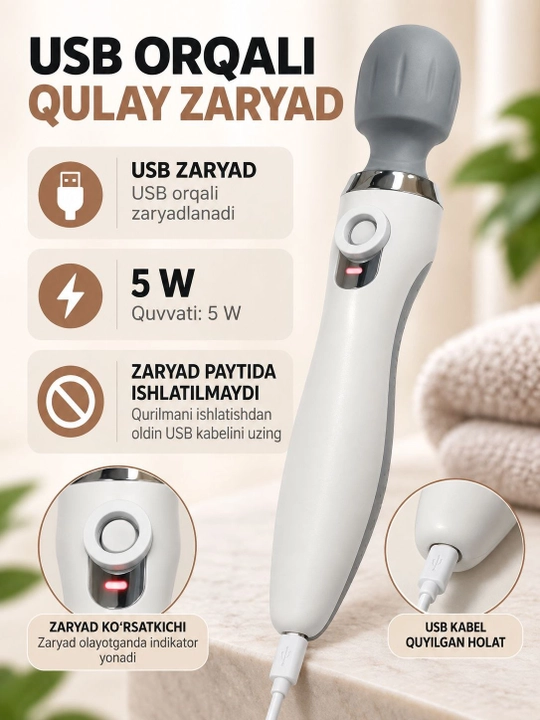 Qo‘l massajyori elektr, 5 ta vibratsiya rejimi, USB zaryad, qulay boshqaruv