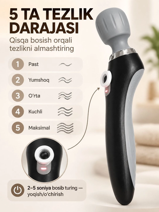 Qo‘l massajyori elektr, 5 ta vibratsiya rejimi, USB zaryad, qulay boshqaruv