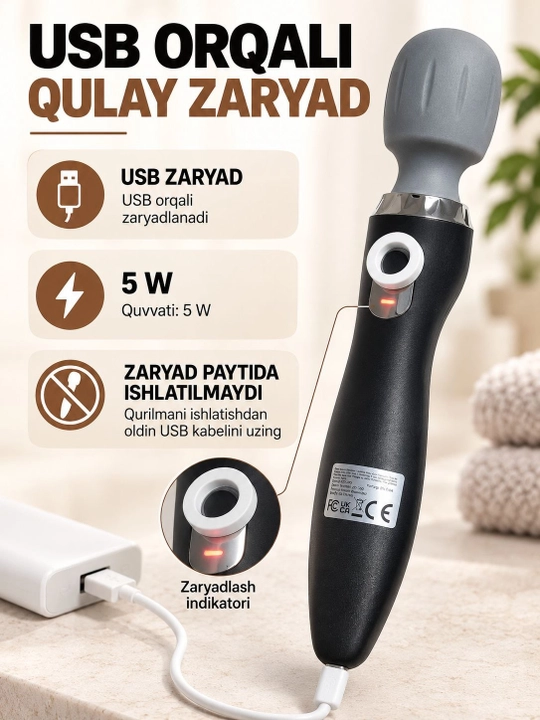 Qo‘l massajyori elektr, 5 ta vibratsiya rejimi, USB zaryad, qulay boshqaruv