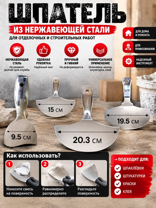 Metall shpatel – zanglamaydigan po‘latdan, ergonomik tutqichli - 