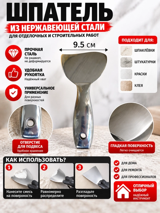 Metall shpatel – zanglamaydigan po‘latdan, ergonomik tutqichli