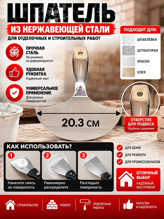 Metall shpatel – zanglamaydigan po‘latdan, ergonomik tutqichli