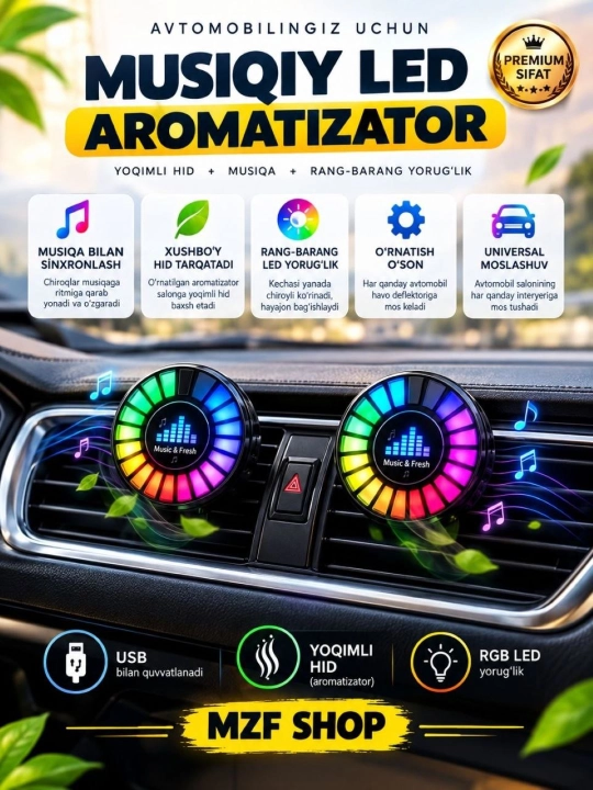 Avtomobil uchun muzikalniy svet yonuvchi osvejitel aromat xidli - 