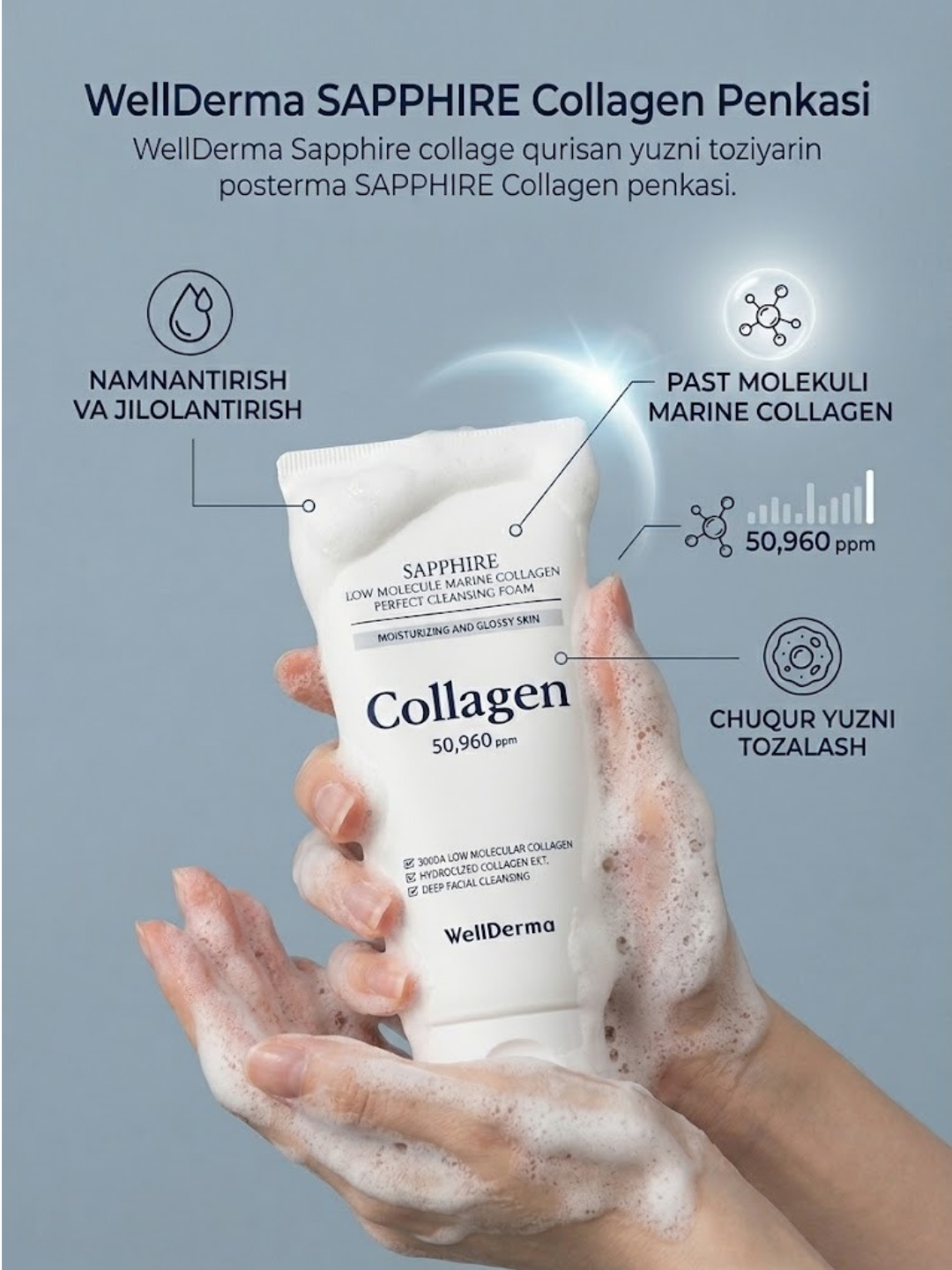 Пенка для умывания лица WellDerma Sapphire с морским коллагеном, увлажняющая, 150 мл - 