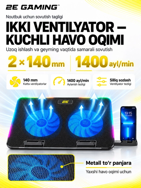 2E GAMING sovutgichli noutbuk tagligi, 14"-17.3," LED yoritgich, kuchli