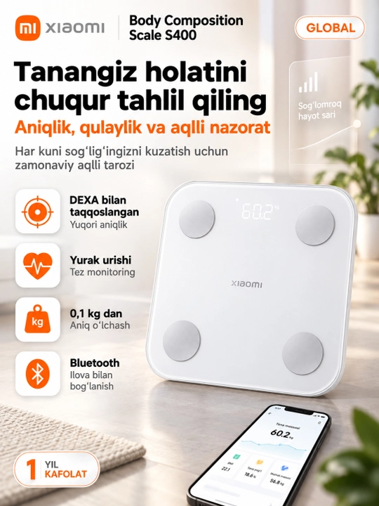 Xiaomi Body Composition Scale S400BHR7793GL aqlli pol elektron tarozisi, 50966, Global - 
