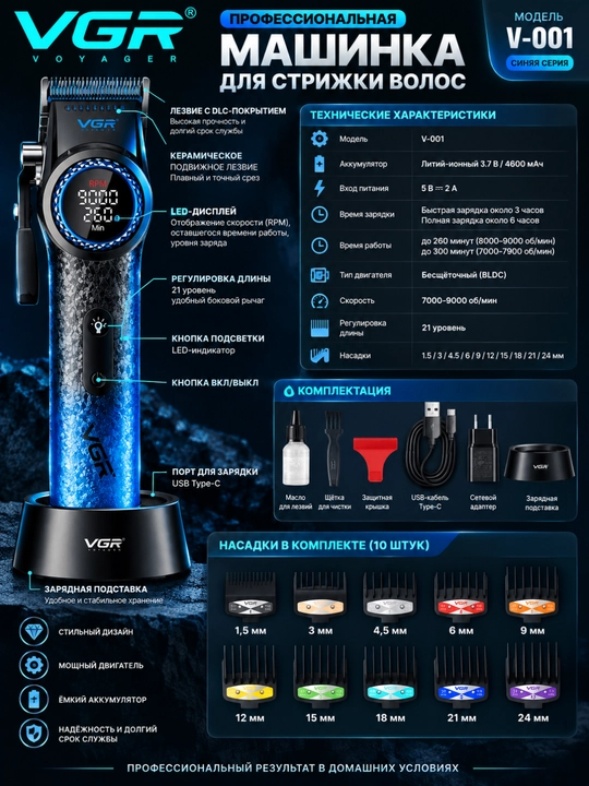 Машинка для стрижки VGR V-001 Blue Series, 10 насадок, 4600 мАч