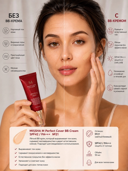 Tonal BB-krem MISSHA M Perfect Cover B.B Cream SPF42/PA+++ №21 - 