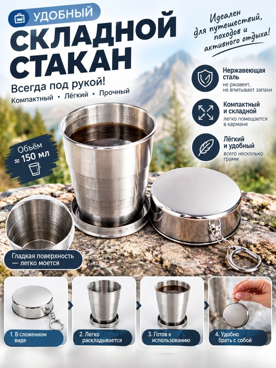 Yig‘iladigan metall stakan 150 ml, zanglamaydigan po‘latdan - 