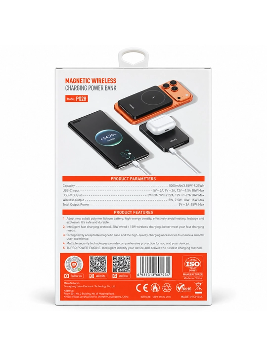 Tashqi akkumulyator LDNIO PQ28 5000 mAh, 20 W, magnitli simsiz quvvatlash iPhone uchun