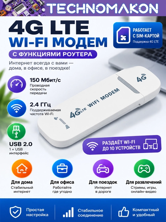 WI-FI модем с функциями роутера 4G LTE USB - 
