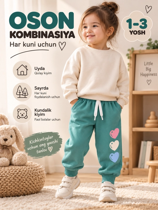 O'g'il va qiz bolalar uchun sport shimi triko, manjetli kiyim HAPPY TIME kiyim