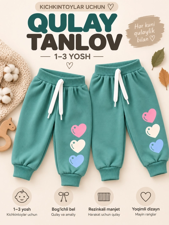 O'g'il va qiz bolalar uchun sport shimi triko, manjetli kiyim HAPPY TIME kiyim
