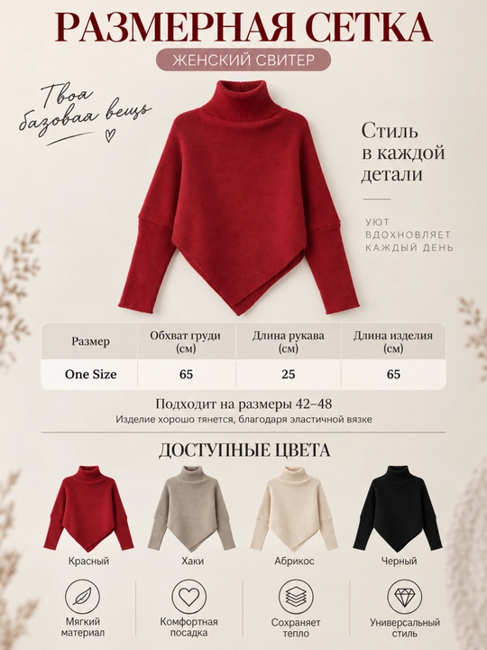 Женский вязаный свитер с высоким воротником, One Size