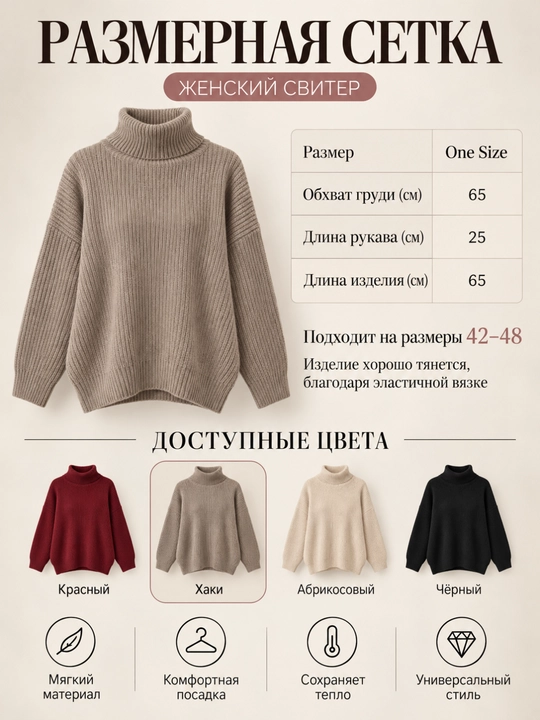 Женский вязаный свитер с высоким воротником, One Size