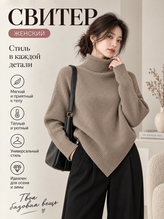 Ayollar uchun trikotaj sviter, baland yoqali, One Size - 