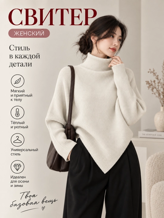 Ayollar uchun trikotaj sviter, baland yoqali, One Size - 