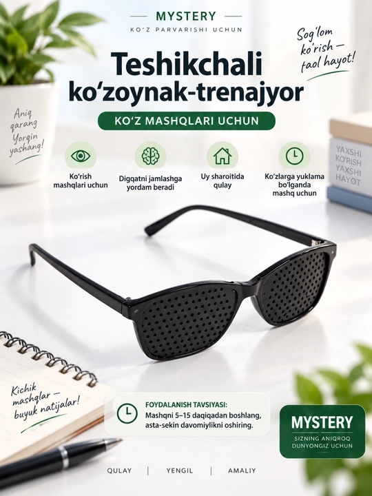 Ko‘rish mashqlari, o‘qish va diqqatni jamlash uchun teshikli ko‘zoynak