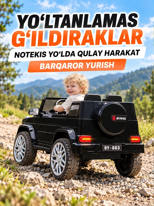 12V 4x390 kuchlanishli, to‘liq uzatmali, APP+pultli, EVA g‘ildirakli bolalar elektromobili