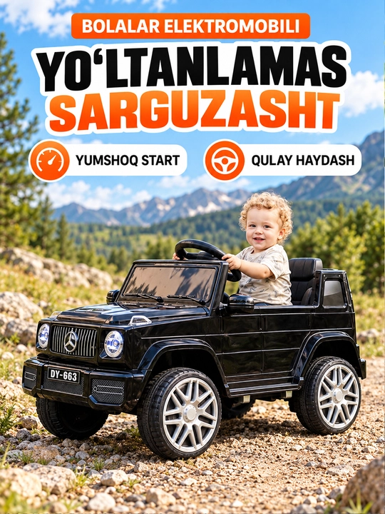 12V 4x390 kuchlanishli, to‘liq uzatmali, APP+pultli, EVA g‘ildirakli bolalar elektromobili