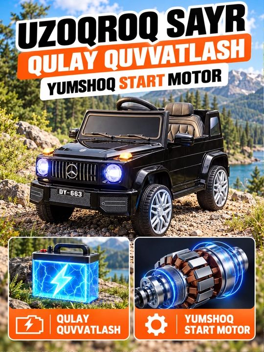 12V 4x390 kuchlanishli, to‘liq uzatmali, APP+pultli, EVA g‘ildirakli bolalar elektromobili