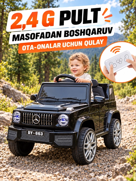 12V 4x390 kuchlanishli, to‘liq uzatmali, APP+pultli, EVA g‘ildirakli bolalar elektromobili