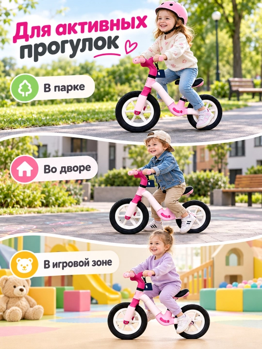 Детский беговел без педалей, двухколесный, низкая рама, широкое сиденье для дома и улицы