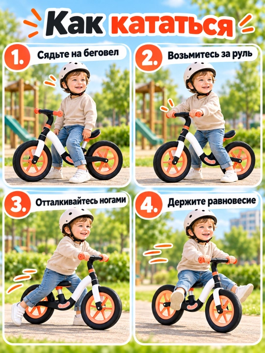 Детский беговел без педалей, двухколесный, низкая рама, широкое сиденье для дома и улицы