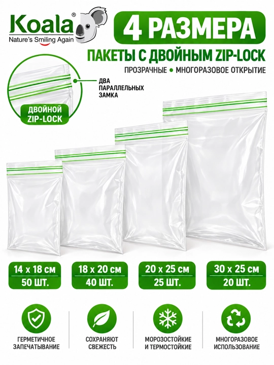 Пакеты с двойным ZIP-LOCK замком Koala для хранения и заморозки продуктов