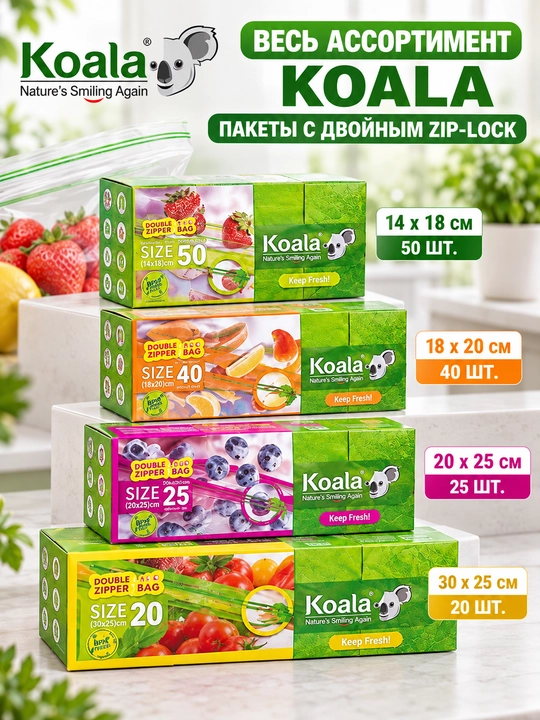 Пакеты с двойным ZIP-LOCK замком Koala для хранения и заморозки продуктов