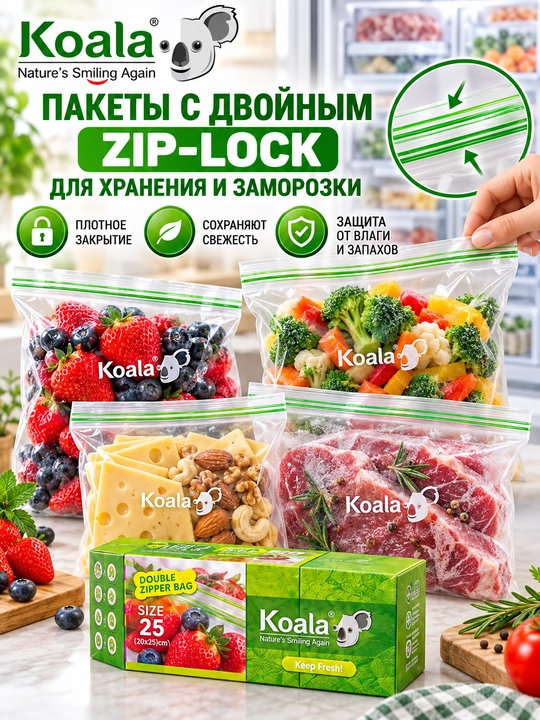 Пакеты с двойным ZIP-LOCK замком Koala для хранения и заморозки продуктов