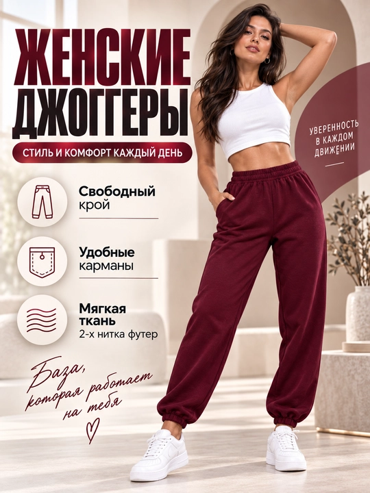 Женские джоггеры спортивные, хлопок, на резинке, с карманами, больших размеров, бордовые - 