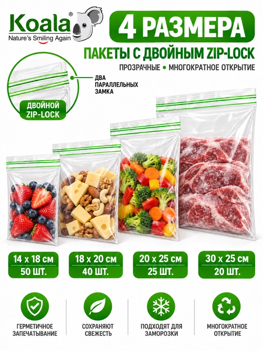 Пакеты с двойным ZIP-LOCK замком Koala для хранения и заморозки продуктов - 
