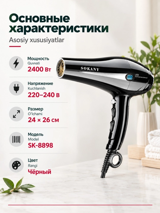 Professional fen soch quritgich SOKANY SK-8898, quritish va turmaklash uchun, 2400W
