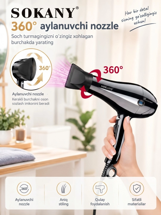 Professional fen soch quritgich SOKANY SK-8898, quritish va turmaklash uchun, 2400W