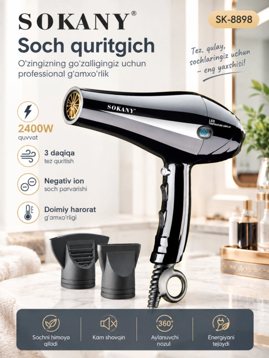 Professional fen soch quritgich SOKANY SK-8898, quritish va turmaklash uchun, 2400W - 