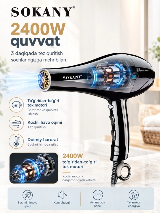 Professional fen soch quritgich SOKANY SK-8898, quritish va turmaklash uchun, 2400W