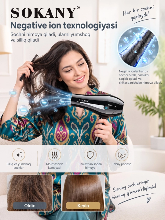 Professional fen soch quritgich SOKANY SK-8898, quritish va turmaklash uchun, 2400W