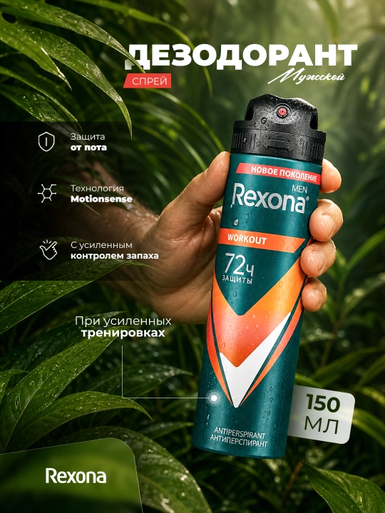 Дезодорант спрей для мужчин Rexona Workout, 150 мл - 