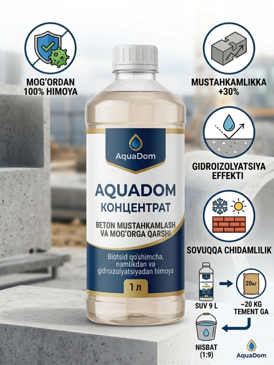 Beton mustahkamlagich va mog'orga qarshi AquaDom Konsentrat — Biotsid qo'shimcha - 