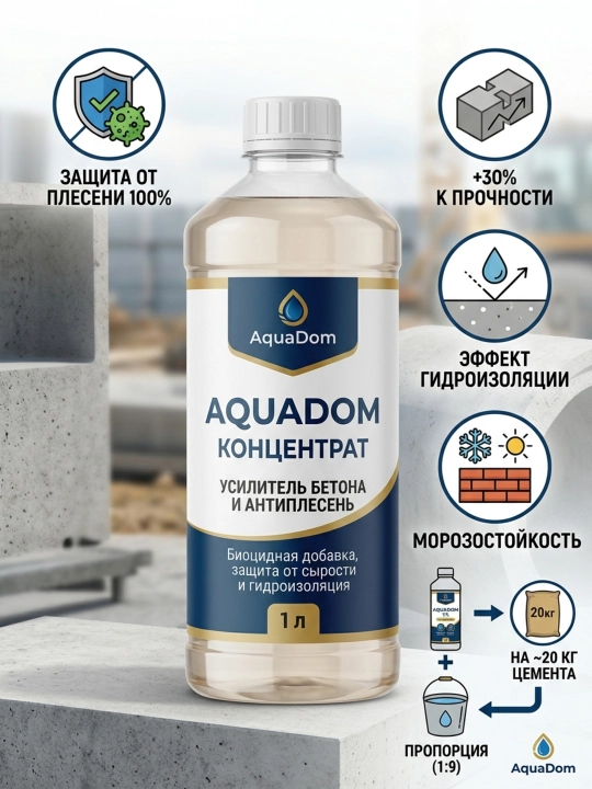 Усилитель бетона и антиплесень AquaDom Концентрат — Биоцидная добавка, защита от сырости