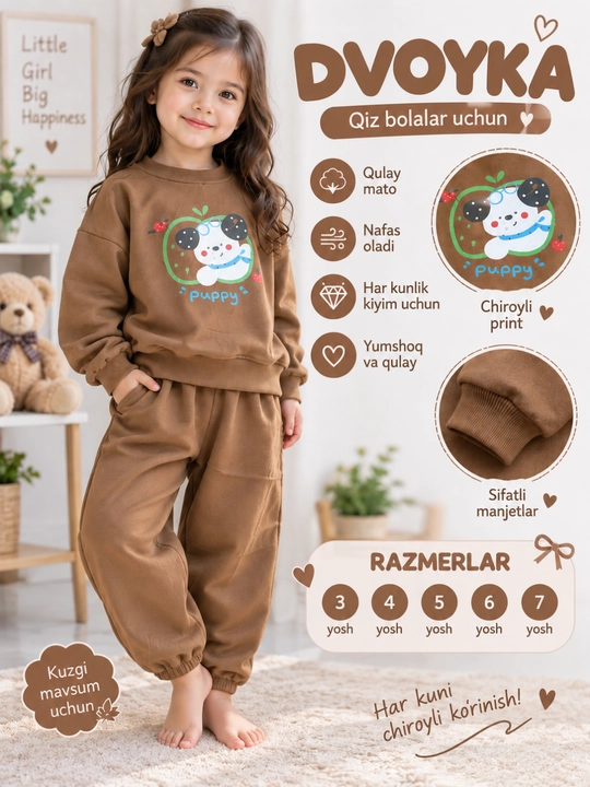 3-7 yoshli qiz bola uchun ikki qisimli bolalar ikki qisimli, yumshoq, sport to‘plami