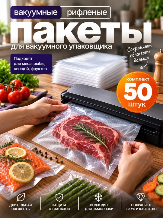 Mahsulotlar uchun vakuumli paketlar, vakuumli paketlar, vakuumator uchun paketlar, taram-taram - 