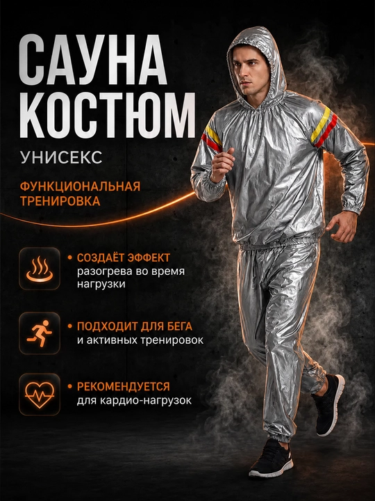 Термокостюм сауна с капюшоном для тренировок, унисекс, PVC S–4XL