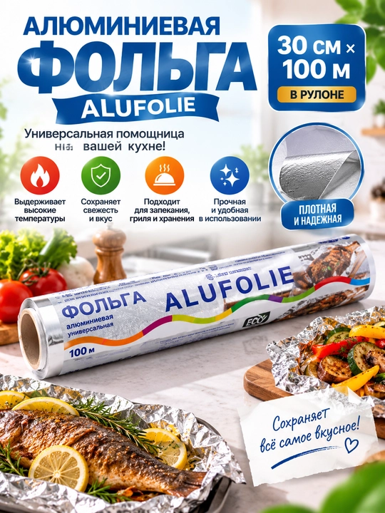 Алюминиевая Пищевая фольга ALUFOLIE 30 см х 100 метр в рулоне