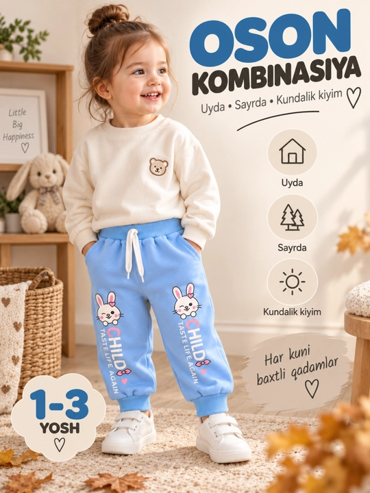 O'g'il va qiz bolalar uchun sport shimi triko, manjetli kiyim HAPPY TIME kiyim - 