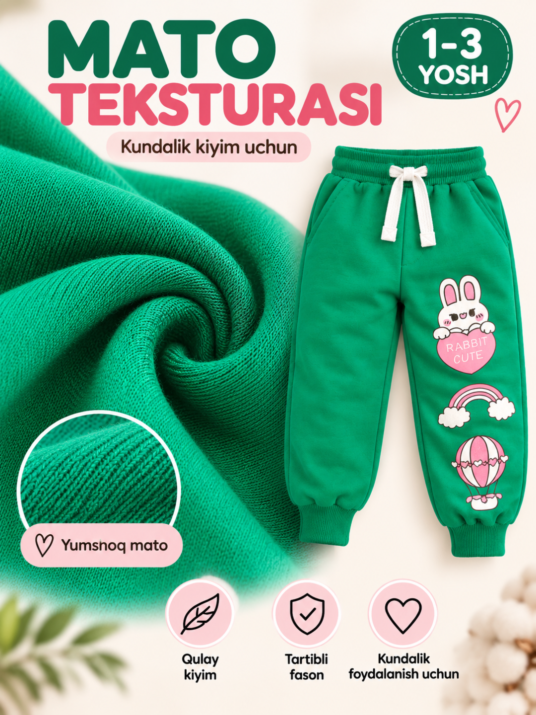 O'g'il va qiz bolalar uchun sport shimi triko, manjetli kiyim HAPPY TIME kiyim