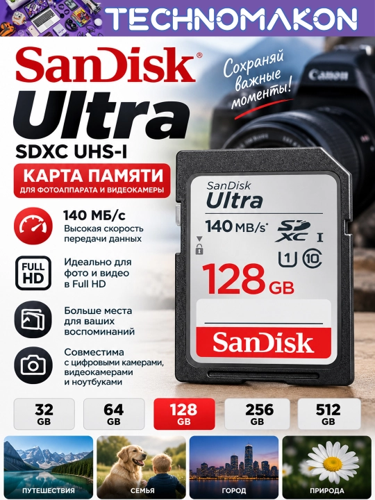 Карта памяти для фотоаппарата Sandisk Ultra SDXC, 32/64/128/256/512 Gb, 140 Mb/s - 